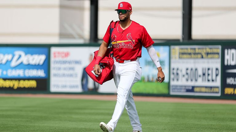 JUPITER, FL - MARCH 19: Joshua Baez #27 of the St. Louis Cardinals walks to the dugout prior to the game between the Washington Nationals and the St. Louis Cardinals at Roger Dean Chevrolet Stadium on Thursday, March 19, 2026 in Jupiter, Florida. (Photo by Jared Blais/MLB Photos via Getty Images)