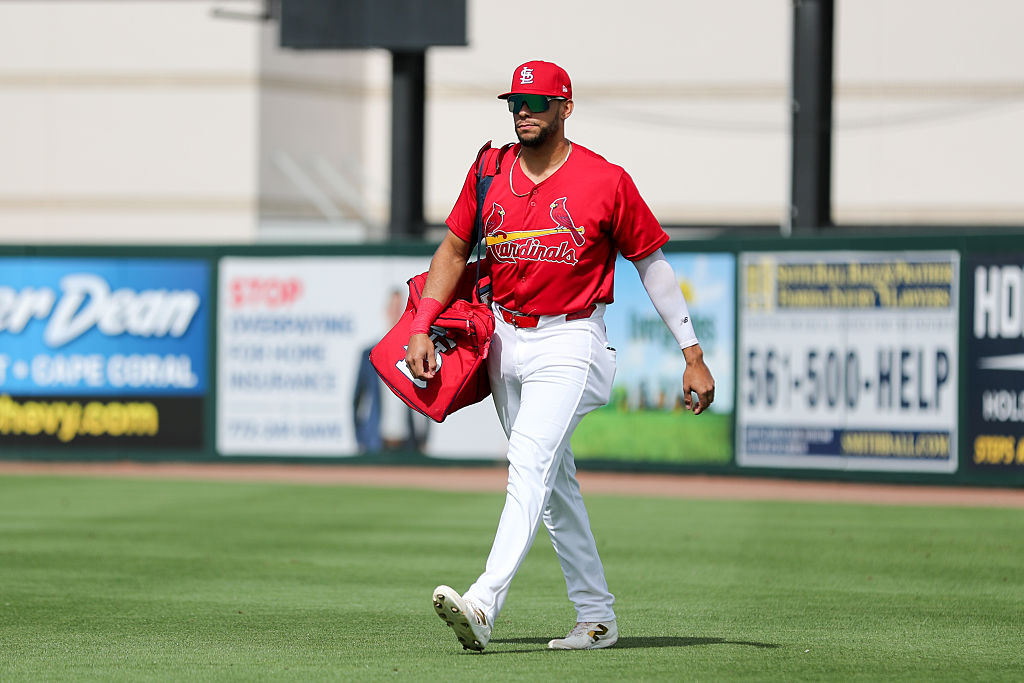 JUPITER, FL - MARCH 19: Joshua Baez #27 of the St. Louis Cardinals walks to the dugout prior to the game between the Washington Nationals and the St. Louis Cardinals at Roger Dean Chevrolet Stadium on Thursday, March 19, 2026 in Jupiter, Florida. (Photo by Jared Blais/MLB Photos via Getty Images)