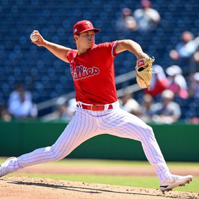 CLEARWATER, FLORIDA - MARCH 21, 2026: Gage Wood #41 of the Philadelphia Phillies throws a pitch during the second inning of a spring training Spring Breakout game against the Toronto Blue Jays at BayCare Ballpark on March 21, 2026 in Clearwater, Florida. (Photo by Nick Cammett/Diamond Images via Getty Images)