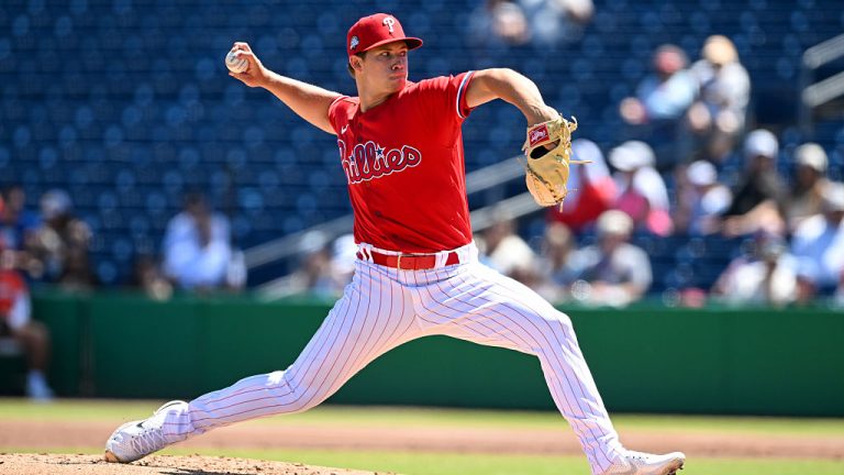 CLEARWATER, FLORIDA - MARCH 21, 2026: Gage Wood #41 of the Philadelphia Phillies throws a pitch during the second inning of a spring training Spring Breakout game against the Toronto Blue Jays at BayCare Ballpark on March 21, 2026 in Clearwater, Florida. (Photo by Nick Cammett/Diamond Images via Getty Images)