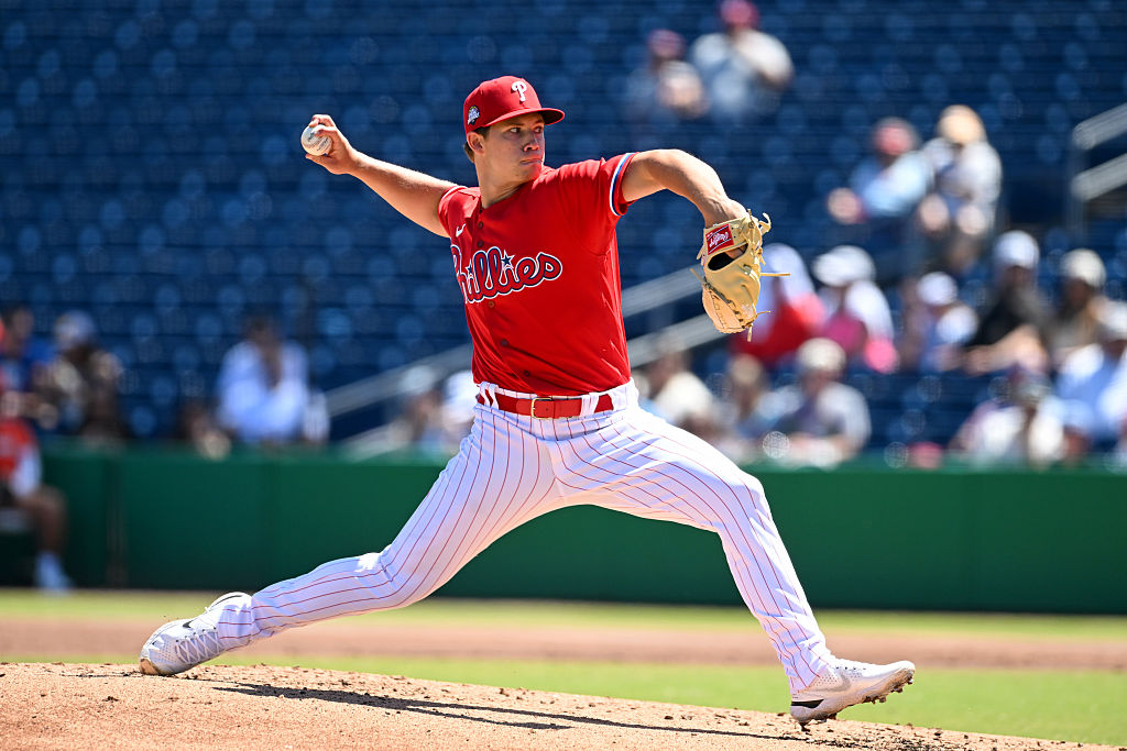 CLEARWATER, FLORIDA - MARCH 21, 2026: Gage Wood #41 of the Philadelphia Phillies throws a pitch during the second inning of a spring training Spring Breakout game against the Toronto Blue Jays at BayCare Ballpark on March 21, 2026 in Clearwater, Florida. (Photo by Nick Cammett/Diamond Images via Getty Images)