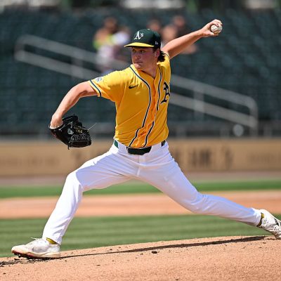 MESA, ARIZONA - MARCH 22, 2026: Jamie Arnold #32 of the Athletics throws a pitch during the first inning of a spring training Spring Breakout game against the Milwaukee Brewers at Hohokam Stadium on March 22, 2026 in Mesa, Arizona. (Photo by Chris Bernacchi/Diamond Images via Getty Images)