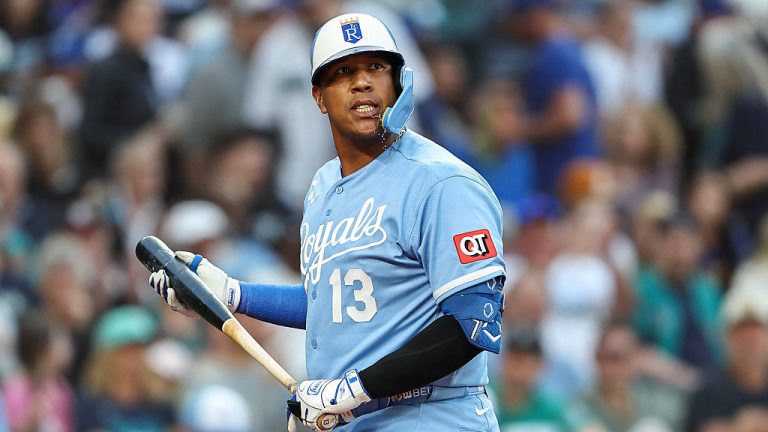 SEATTLE, WASHINGTON - MAY 02: Salvador Perez #13 of the Kansas City Royals reacts after striking out during the fourth inning against the Seattle Mariners at T-Mobile Park on May 02, 2026 in Seattle, Washington. (Photo by Olivia Vanni/Getty Images)