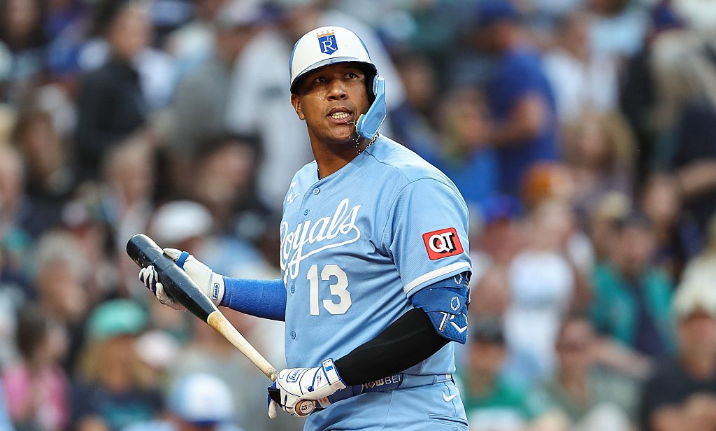 SEATTLE, WASHINGTON - MAY 02: Salvador Perez #13 of the Kansas City Royals reacts after striking out during the fourth inning against the Seattle Mariners at T-Mobile Park on May 02, 2026 in Seattle, Washington. (Photo by Olivia Vanni/Getty Images)