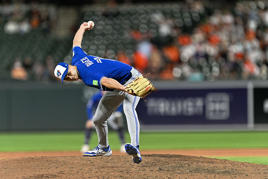BALTIMORE, MD - MAY 28: Tyler Rogers #71 of the Toronto Blue Jays pitches against the Baltimore Orioles at Oriole Park at Camden Yards on May 28, 2026 in Baltimore, Maryland. (Photo by Jamie Sabau/Getty Images)