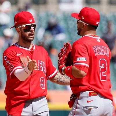 DETROIT, MI - MAY 28: Zach Neto #9 of the Los Angeles Angels celebrates with Oswald Peraza #2 after a win over the Detroit Tigers at Comerica Park on May 28, 2026 in Detroit, Michigan. (Photo by Duane Burleson/Getty Images)