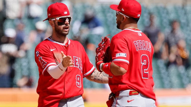 DETROIT, MI - MAY 28: Zach Neto #9 of the Los Angeles Angels celebrates with Oswald Peraza #2 after a win over the Detroit Tigers at Comerica Park on May 28, 2026 in Detroit, Michigan. (Photo by Duane Burleson/Getty Images)