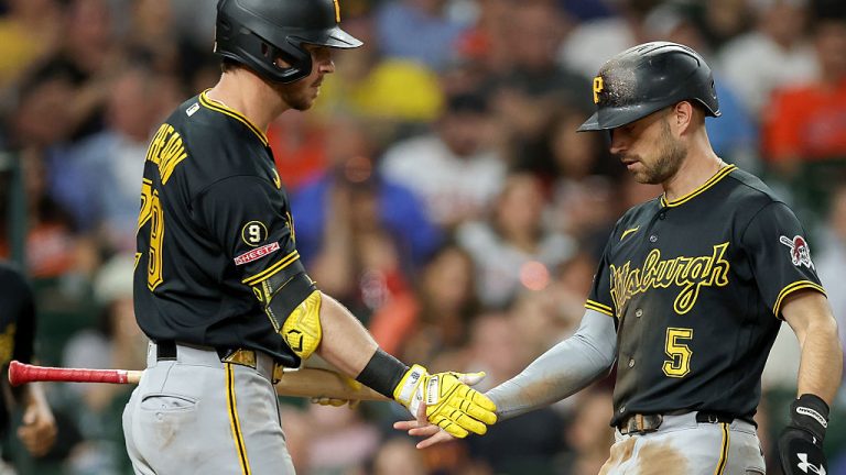 HOUSTON, TEXAS - JUNE 04: Brandon Lowe #5 of the Pittsburgh Pirates celebrates scoring a run with Ryan O'Hearn #29 in the sixth inning against the Houston Astros at Daikin Park on June 04, 2026 in Houston, Texas. (Photo by Tim Warner/Getty Images)