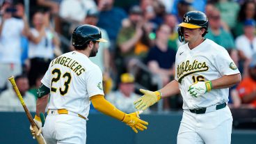 LAS VEGAS, NV - JUNE 09: Nick Kurtz #16 of the Athletics celebrates with teammate Shea Langeliers #23 after hitting a home run in the first inning during the game between the Milwaukee Brewers and the Athletics at Las Vegas Ballpark on Tuesday, June 9, 2026 in Las Vegas, Nevada. (Photo by Daniel Shirey/MLB Photos via Getty Images)