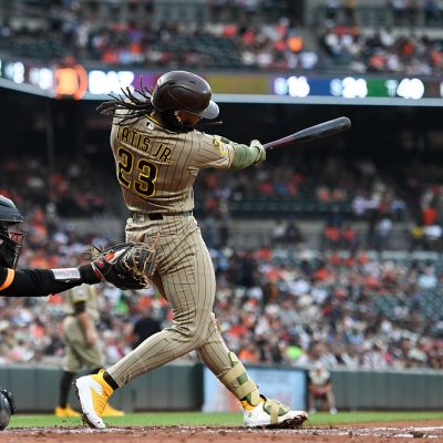 BALTIMORE, MD - JUNE 12: Fernando Tatis Jr. #23 of the San Diego Padres hits a one-run single in the second inning during the game between the San Diego Padres and the Baltimore Orioles at Oriole Park at Camden Yards on Friday, June 12, 2026 in Baltimore, Maryland. (Photo by Hannah Foslien/MLB Photos via Getty Images)