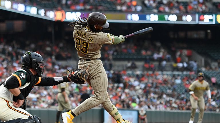 BALTIMORE, MD - JUNE 12: Fernando Tatis Jr. #23 of the San Diego Padres hits a one-run single in the second inning during the game between the San Diego Padres and the Baltimore Orioles at Oriole Park at Camden Yards on Friday, June 12, 2026 in Baltimore, Maryland. (Photo by Hannah Foslien/MLB Photos via Getty Images)