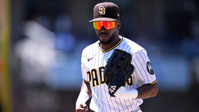 SAN DIEGO, CALIFORNIA - JUNE 10: Samad Taylor #0 of the San Diego Padres runs to the dugout during the fourth inning against the Cincinnati Reds at Petco Park on June 10, 2026 in San Diego, California. (Photo by Orlando Ramirez/Getty Images)