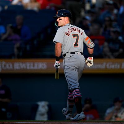 CLEVELAND, OHIO - JUNE 12: Kevin McGonigle #7 of the Detroit Tigers walks away after striking out during the first inning against the Cleveland Guardians at Progressive Field on June 12, 2026 in Cleveland, Ohio. (Photo by Jason Miller/Getty Images)