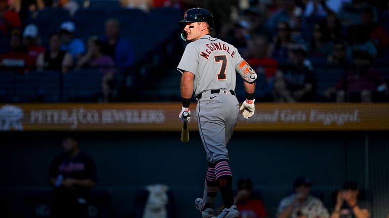CLEVELAND, OHIO - JUNE 12: Kevin McGonigle #7 of the Detroit Tigers walks away after striking out during the first inning against the Cleveland Guardians at Progressive Field on June 12, 2026 in Cleveland, Ohio. (Photo by Jason Miller/Getty Images)