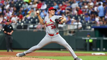KANSAS CITY, MO - JUNE 19: Michael McGreevy #36 of the St. Louis Cardinals pitches during the game between the St. Louis Cardinals and the Kansas City Royals at Kauffman Stadium on Friday, June 19, 2026 in Kansas City, Missouri. (Photo by Sydney Schneider/MLB Photos via Getty Images)
