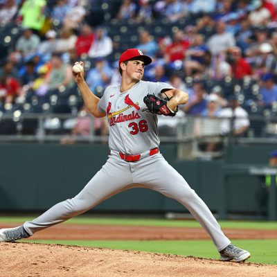 KANSAS CITY, MO - JUNE 19: Michael McGreevy #36 of the St. Louis Cardinals pitches during the game between the St. Louis Cardinals and the Kansas City Royals at Kauffman Stadium on Friday, June 19, 2026 in Kansas City, Missouri. (Photo by Sydney Schneider/MLB Photos via Getty Images)