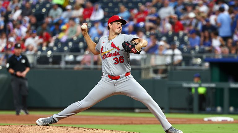 KANSAS CITY, MO - JUNE 19: Michael McGreevy #36 of the St. Louis Cardinals pitches during the game between the St. Louis Cardinals and the Kansas City Royals at Kauffman Stadium on Friday, June 19, 2026 in Kansas City, Missouri. (Photo by Sydney Schneider/MLB Photos via Getty Images)