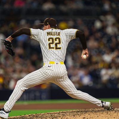 SAN DIEGO, CALIFORNIA - JUNE 23: Mason Miller #22 of the San Diego Padres pitches in the ninth inning during the game against the Atlanta Braves at Petco Park on June 23, 2026 in San Diego, California. (Photo by Matt Thomas/San Diego Padres/Getty Images)