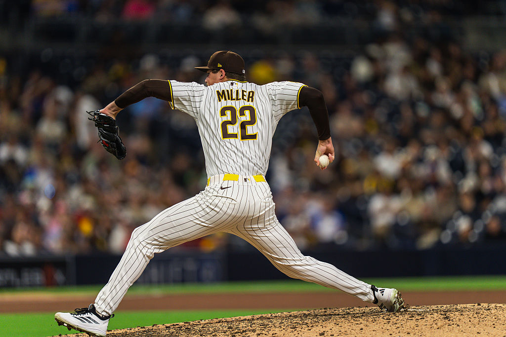 SAN DIEGO, CALIFORNIA - JUNE 23: Mason Miller #22 of the San Diego Padres pitches in the ninth inning during the game against the Atlanta Braves at Petco Park on June 23, 2026 in San Diego, California. (Photo by Matt Thomas/San Diego Padres/Getty Images)