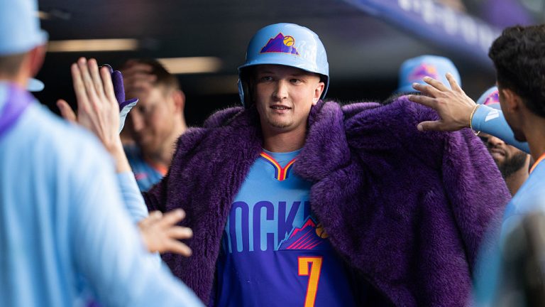 DENVER, COLORADO - JUNE 19: TJ Rumfield #7 of the Colorado Rockies celebrate sin his dugout after hitting a home run in a game against the Pittsburgh Pirates at Coors Field on June 19, 2026 in Denver, Colorado. (Photo by Kyle Cooper/Colorado Rockies/Getty Images)