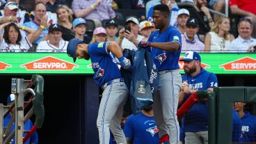 ATLANTA, GEORGIA - JUNE 3: Nathan Lukes #38 celebrates with Jesús Sánchez #12 of the Toronto Blue Jays after a home run against the Atlanta Braves in the third inning at Truist Park on June 3, 2026 in Atlanta, Georgia. (Photo by Brett Davis/Getty Images)