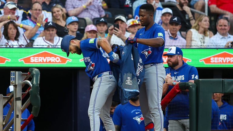 ATLANTA, GEORGIA - JUNE 3: Nathan Lukes #38 celebrates with Jesús Sánchez #12 of the Toronto Blue Jays after a home run against the Atlanta Braves in the third inning at Truist Park on June 3, 2026 in Atlanta, Georgia. (Photo by Brett Davis/Getty Images)