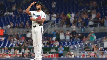 MIAMI, FLORIDA - JUNE 23: Sandy Alcantara #22 of the Miami Marlins reacts after becoming the Miami Marlins' all-time leader in strikeouts during the sixth inning against the Texas Rangers at loanDepot park on June 23, 2026 in Miami, Florida. (Photo by Sam Navarro/Getty Images)