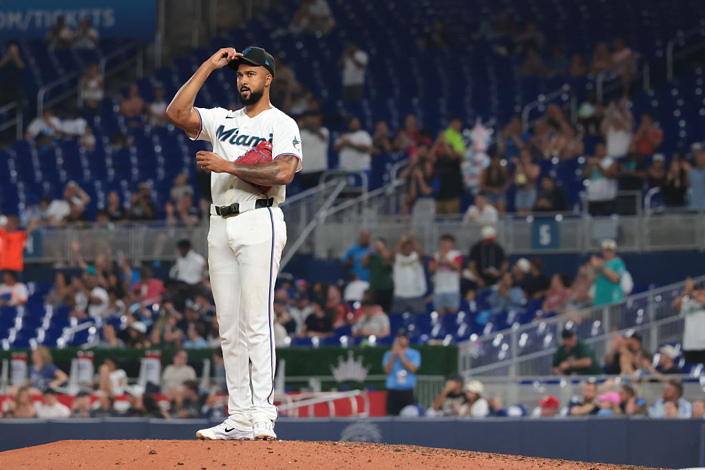 MIAMI, FLORIDA - JUNE 23: Sandy Alcantara #22 of the Miami Marlins reacts after becoming the Miami Marlins' all-time leader in strikeouts during the sixth inning against the Texas Rangers at loanDepot park on June 23, 2026 in Miami, Florida. (Photo by Sam Navarro/Getty Images)