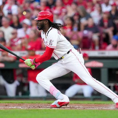 CINCINNATI, OHIO - JUNE 23: Elly De La Cruz #44 of the Cincinnati Reds grounds out in the fourth inning against the Milwaukee Brewers at Great American Ball Park on June 23, 2026 in Cincinnati, Ohio. (Photo by Dylan Buell/Getty Images)