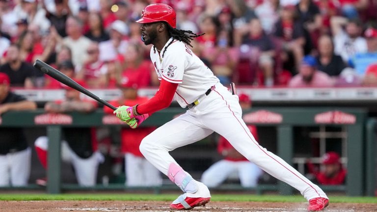 CINCINNATI, OHIO - JUNE 23: Elly De La Cruz #44 of the Cincinnati Reds grounds out in the fourth inning against the Milwaukee Brewers at Great American Ball Park on June 23, 2026 in Cincinnati, Ohio. (Photo by Dylan Buell/Getty Images)