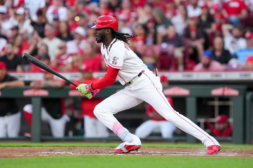 CINCINNATI, OHIO - JUNE 23: Elly De La Cruz #44 of the Cincinnati Reds grounds out in the fourth inning against the Milwaukee Brewers at Great American Ball Park on June 23, 2026 in Cincinnati, Ohio. (Photo by Dylan Buell/Getty Images)