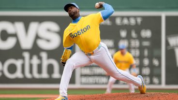 BOSTON, MA - JUNE 27: Aroldis Chapman #44 of the Boston Red Sox pitches during the game between the New York Yankees and the Boston Red Sox at Fenway Park on Saturday, June 27, 2026 in Boston, Massachusetts. (Photo by Natalie Reid/MLB Photos via Getty Images)