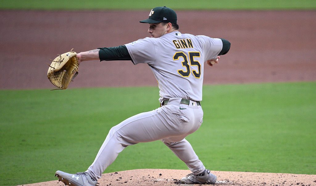 SAN DIEGO, CALIFORNIA - MAY 23: J.T. Ginn #35 of the Athletics pitches against the San Diego Padres during the first inning at Petco Park on May 23, 2026 in San Diego, California. (Photo by Orlando Ramirez/Getty Images)