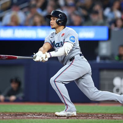 TORONTO, ON - MAY 25: Javier Sanoja #8 of the Miami Marlins bats during a game against the Toronto Blue Jays at Rogers Centre on May 25, 2026 in Toronto, Ontario, Canada. (Photo by Vaughn Ridley/Getty Images)