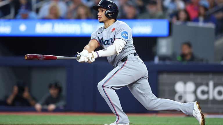TORONTO, ON - MAY 25: Javier Sanoja #8 of the Miami Marlins bats during a game against the Toronto Blue Jays at Rogers Centre on May 25, 2026 in Toronto, Ontario, Canada. (Photo by Vaughn Ridley/Getty Images)