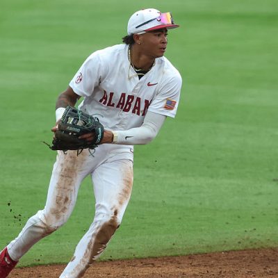 HOOVER, AL - MAY 21: Infielder Justin LeBron #1 of the Alabama Crimson Tide fields a ground ball during the SEC Baseball Tournament Quarterfinals game between Florida Gators and Alabama Crimson Tide on May 21, 2026, at Hoover Metropolitan Stadium in Hoover, Alabama.(Photo by David Buono/Icon Sportswire via Getty Images)