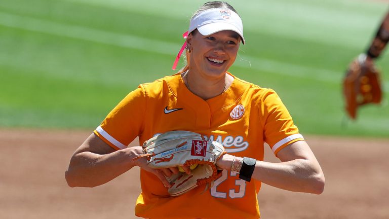 AUSTIN, TX - APRIL 13: Tennessee starting pitcher/relief pitcher Karlyn Pickens (23) smiles after a strikeout during the SEC college softball game between Texas Longhorns and Tennessee Volunteers on April 13, 2025, at Red & Charline McCombs Field in Austin, Texas. (Photo by David Buono/Icon Sportswire via Getty Images)