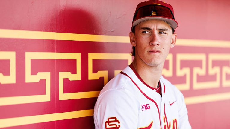 LOS ANGELES, CALIFORNIA - APRIL 1: Mason Edwards #30 of USC Trojans poses for a portrait at Dedeaux Field on April 1, 2026 in Los Angeles, California. (Photo by Ric Tapia/Getty Images)