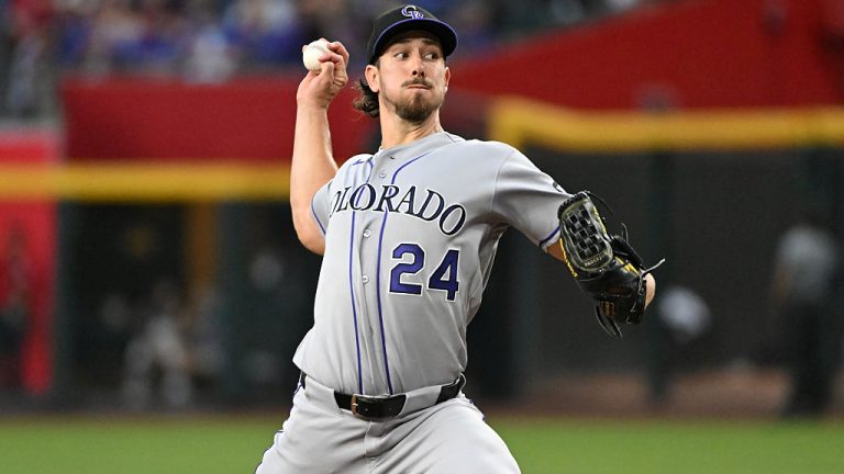 PHOENIX, ARIZONA - MAY 23: Michael Lorenzen #24 of the Colorado Rockies delivers a pitch against the Arizona Diamondbacks at Chase Field on May 23, 2026 in Phoenix, Arizona. (Photo by Norm Hall/Getty Images)