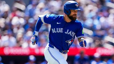 TORONTO, CANADA - MAY 27: Nathan Lukes #38 of the Toronto Blue Jays runs after hitting a RBI double against the Miami Marlins during the fifth inning in their MLB baseball game at the Rogers Centre on May 27, 2026 in Toronto, Canada. (Photo by Mark Blinch/Getty Images)