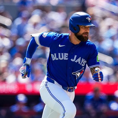 TORONTO, CANADA - MAY 27: Nathan Lukes #38 of the Toronto Blue Jays runs after hitting a RBI double against the Miami Marlins during the fifth inning in their MLB baseball game at the Rogers Centre on May 27, 2026 in Toronto, Canada. (Photo by Mark Blinch/Getty Images)