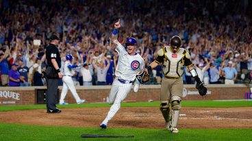 CHICAGO, ILLINOIS - JUNE 29: Pete Crow-Armstrong #4 of the Chicago Cubs celebrates scoring the game winning run in the bottom of the ninth inning of a game against the San Diego Padres at Wrigley Field on June 29, 2026 in Chicago, Illinois. (Photo by Matt Dirksen/Chicago Cubs/Getty Images)