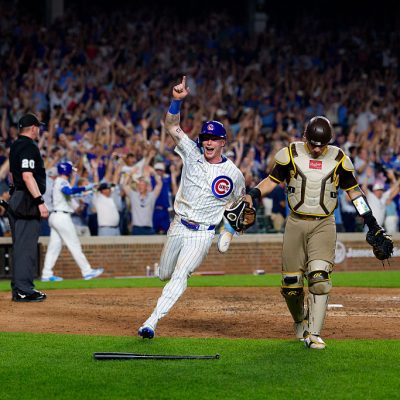 CHICAGO, ILLINOIS - JUNE 29: Pete Crow-Armstrong #4 of the Chicago Cubs celebrates scoring the game winning run in the bottom of the ninth inning of a game against the San Diego Padres at Wrigley Field on June 29, 2026 in Chicago, Illinois. (Photo by Matt Dirksen/Chicago Cubs/Getty Images)
