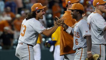 AUSTIN, TX - MAY 31: Pitcher Ruger Riojas #13 of the Texas Longhorns and outfielder Anthony Pack Jr. #6 of the Texas Longhorns high five each other after winning the NCAA Division I Regional game between Texas Longhorns and UC Santa Barbara Gauchos on May 31, 2026, at UFCU Disch-Falk Field in Austin, TX. (Photo by David Buono/Icon Sportswire via Getty Images)