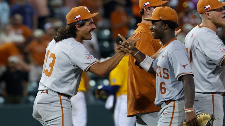 AUSTIN, TX - MAY 31: Pitcher Ruger Riojas #13 of the Texas Longhorns and outfielder Anthony Pack Jr. #6 of the Texas Longhorns high five each other after winning the NCAA Division I Regional game between Texas Longhorns and UC Santa Barbara Gauchos on May 31, 2026, at UFCU Disch-Falk Field in Austin, TX. (Photo by David Buono/Icon Sportswire via Getty Images)