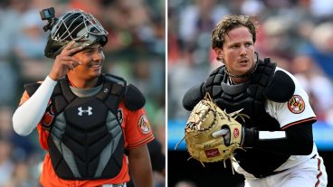 Samuel Basallo and Adley Rutschman of the Baltimore Orioles