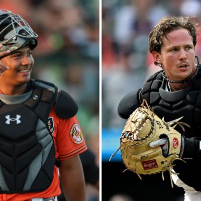 Samuel Basallo and Adley Rutschman of the Baltimore Orioles
