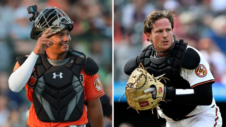 Samuel Basallo and Adley Rutschman of the Baltimore Orioles