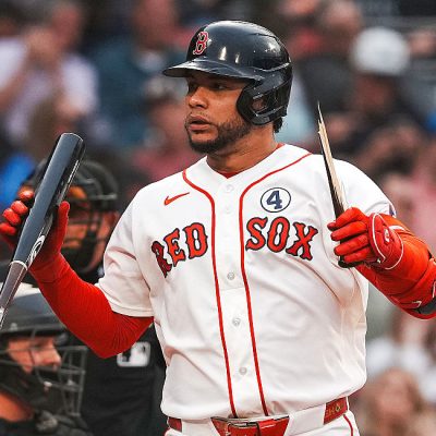 Boston, MA - June 2: Boston Red Sox first baseman Willson Contreras holds his broken bat in the first inning. The Boston Red Sox played the Baltimore Orioles at Fenway Park on June 2, 2026. (Photo by Barry Chin/The Boston Globe via Getty Images)