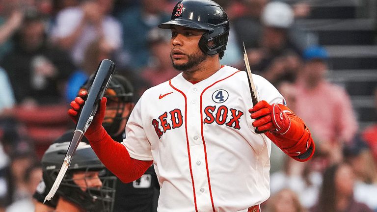 Boston, MA - June 2: Boston Red Sox first baseman Willson Contreras holds his broken bat in the first inning. The Boston Red Sox played the Baltimore Orioles at Fenway Park on June 2, 2026. (Photo by Barry Chin/The Boston Globe via Getty Images)